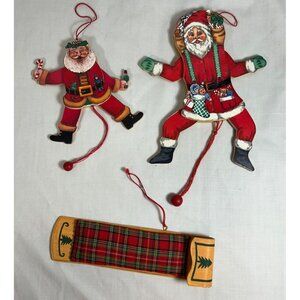 Vintage 3 Wooden Christmas Tree Ornaments Santa Claus Pull Toys Toboggan Red